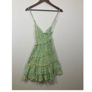 Ardene Tiered Ruffle Floral Print Mini Dress Mint Green Yellow Spaghetti Strap